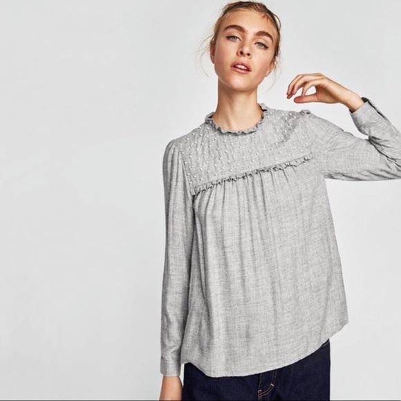 Zara Basic Grey Pearl Embellished Long Sleeve Blouse - Picture 11 of 15